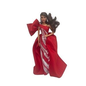Barbie 2019 Holiday Doll Mattel 11.5”, Brunette,Red White Gown RARE